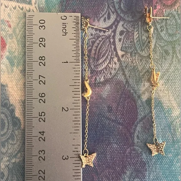 Gold 3 Inch Long Dangle Boho Butterfly Earrings With Crystal Gemstones~ New - Picture 7 of 8